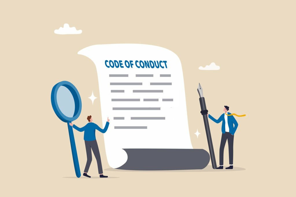 Code of conduct, ethical policy or rules, regulation or principles guideline for work responsibility, compliance document or company standard concept, businessman writing code of conduct document.